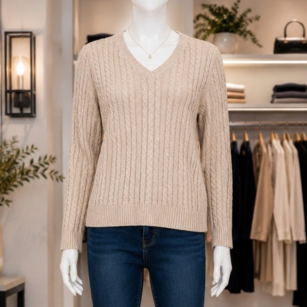 Croft & Barrow Womens Sweater Tan Beige Cable Knit V-Neck Cotton Medium